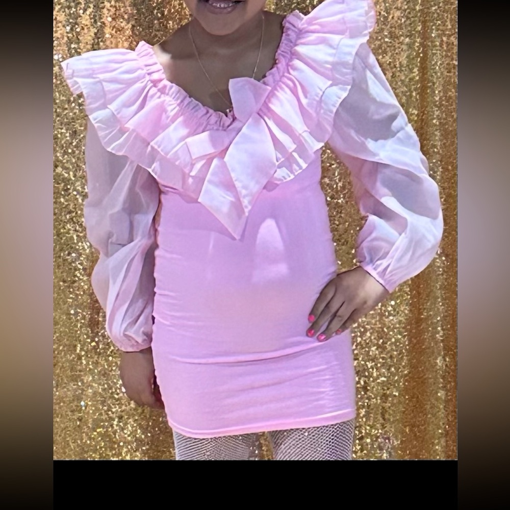 Pink Ruffled Dress with Sheer Sleeves